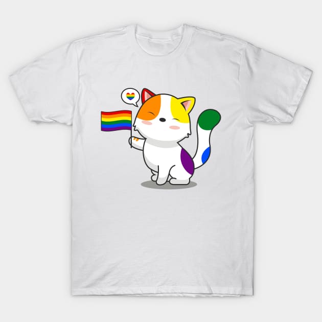 Cute Cat Holding LGBTQ+ Pride Flag T-Shirt by Luna Illustration